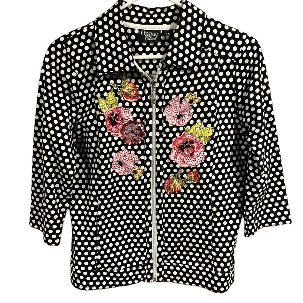 Onque Casuals Chic Black Polka Dot‎ Floral Zipper Cardigan PS Artsy Festival